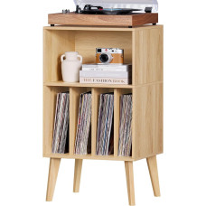 Gramofono stovas, gramofono stovas talpina iki 160 albumų, vidurio amžiaus vinilo laikiklio laikiklis su medinėmis kojomis, gramofono spintelės lentyna, natūralus šoninis stalas