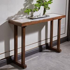 YITAYMLI Massivholz-Akzentkonsole für den Eingangsbereich,Moderner Hallen-Sofatisch mit stabilen Tischbeinen,Vintage Lange Konsolentisch für Altar, Eingelassene Sinterstein(White,100cm/39.4in)
