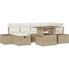 Rantry 7-teiliges Garten Sofa Set mit Kissen Beige Poly Rattan Gartenlounge Model3359878