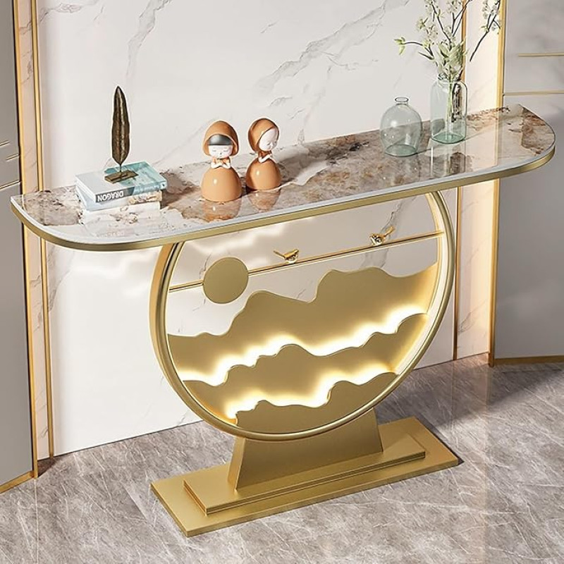Moderner LED-Konsolentisch, zeitgemäßer Beistelltisch für Flur, Wohnzimmer und Eingangsbereich, elegantes Metallgestell, schiefergraue Oberfläche, stilvolles Möbelstück für den Eingangsberei