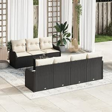 8-teiliges Garten-Sofa Set mit Kissen Schwarz Poly Rattan, 2-Sitzer Garten-Sofa mit Kissen Schwarz Poly Rattan Gartenlounge Modelis3345607