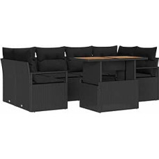 7-teiliges Garten Sofa Set mit Kissen Schwarz Poly Rattan Akazienholz, 2-Sitzer Garten Sofa mit Kissen Schwarz Poly Rattan Gartenlounge Model3349666