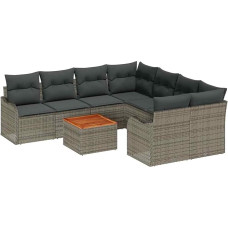 9-teilige Garten Sofa Set mit Kissen Grau Poly Rattan Akazie, 2-Sitzer Garten Sofa mit Kissen Grau Poly Rattan Gartenlounge Model3347433