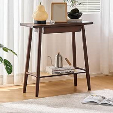 Console Table with Drawers, Narrow Console Table with Rattan Shelf and Rounded Edges for Entrance Area, Living Room, Hallway, Easy Assembly, 70 x 30 x 70 cm