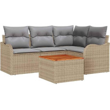 5-teiliges Garten Sofa Set mit Kissen Beige Poly Rattan Akazie, 2-Sitzer Garten Sofa mit Kissen Beige Poly Rattan Gartenlounge Modelis3347448