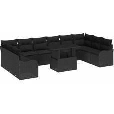 11 Teiliges Garten Sofa Set mit Kissen Schwarz Poly Rattan, 2-Sitzer Garten Sofa mit Kissen Schwarz Poly Rattan Gartenlounge Modelis3348539