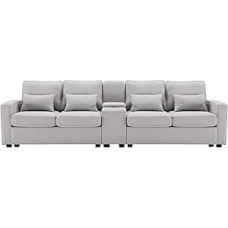 Didelė sofa su staliuku, gėrimų laikikliais ir USB jungtimis, įskaitant laisvas dekoratyvines ir atlošo pagalvėles, lininis užvalkalas (pilka su 2 USB jungtimis)