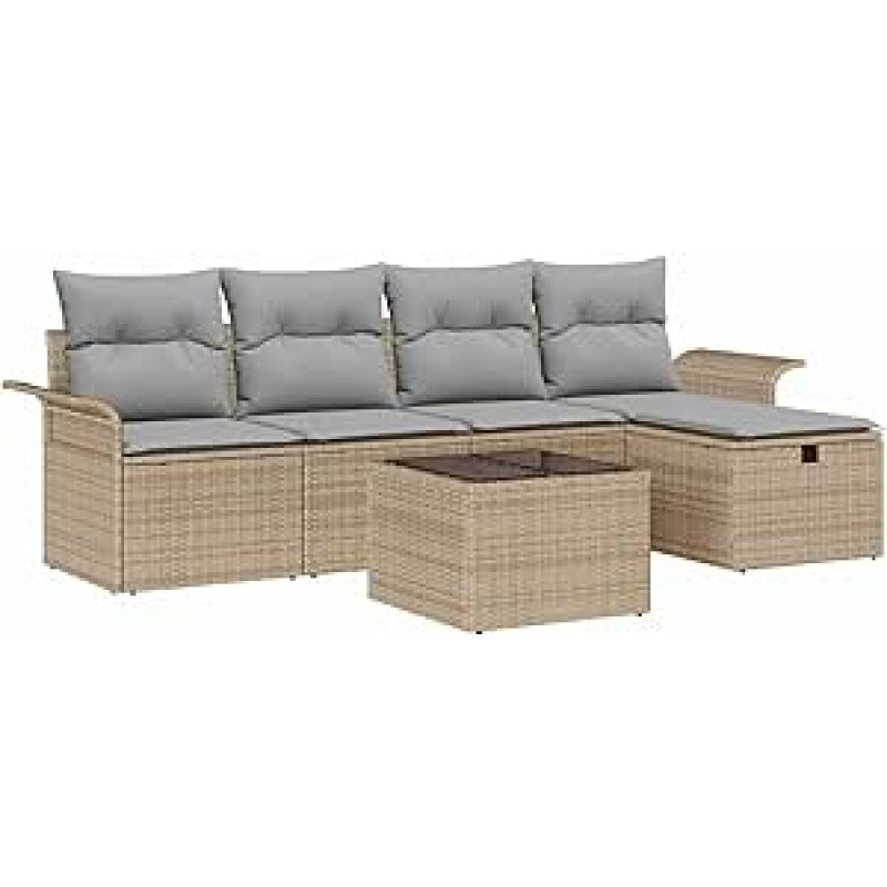 6-teiliges Garten-Sofaset mit Kissen Beige Poly Rattan, 2-Sitzer Garten-Sofa mit Stauraum & Kissen Beige Poly Rattan Gartenlounge Modelis3360201