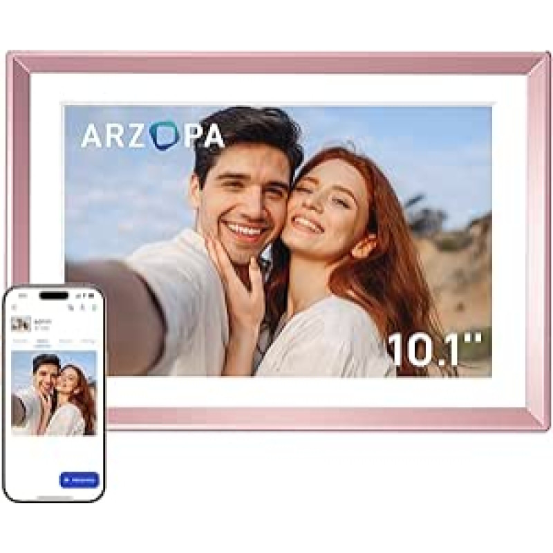 ARZOPA Metalinis skaitmeninis nuotraukų rėmelis 10,1 colio Nemokama debesų saugykla WiFi nuotraukų rėmelis Skaitmeninis HD jutiklinis ekranas Akimirksniu dalytis nuotraukomis Vaizdo įrašai kaip asmeninė dovana Elegantiškas dizainas D10 Rose Gold