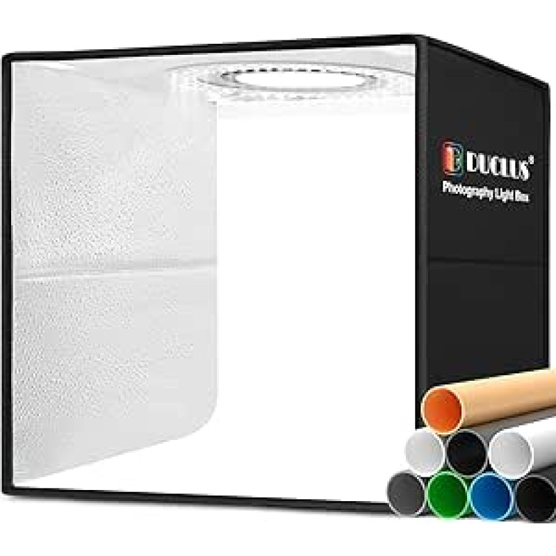 DUCLUS foto dėžutė, 40 x 40 cm, patobulinta 18 W foto dėžutė, reguliuojamo apšvietimo dėžutės rinkinys su 160 5500K šviesos diodų ir C tipo sąsaja, 8 nuotraukų fonai produktų fotografavimui