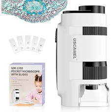 USCAMEL Pocket Microscope for Children and Adults - 60 x 135x Mini Microscope, Portable Handheld Microscope with 5 Microscope Slides, Perfect for Microbiological Observations