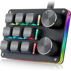 Koolertron Mini programuojama klaviatūra, 9 klavišų mini klaviatūra su 2 rankenėlėmis, visiškai reguliuojama makro klaviatūra su RGB apšvietimu, 6 reguliuojami lygiai, žaidimų klaviatūra žaidimams, biurui