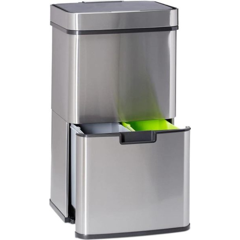 Relaxdays three-way waste sorting system with motion sensor 60 L retractable stainless steel HBT: 74.5 x 42 x 31.5 cm, silver.