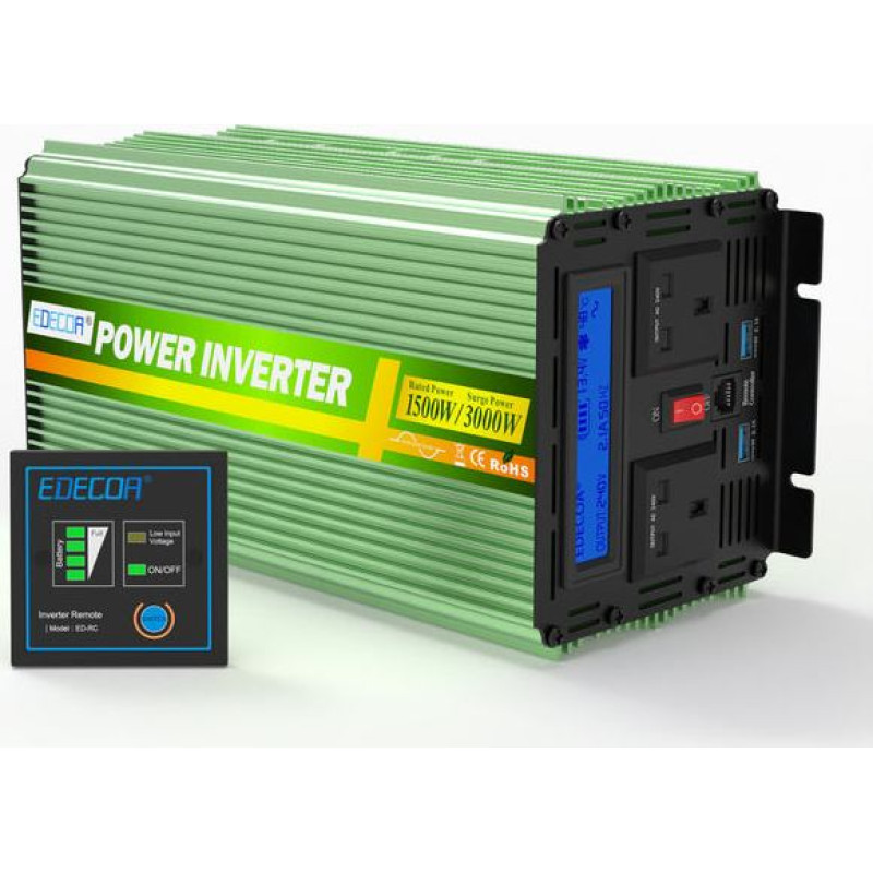 EDECOA 1500 W Pure Sine Wave Power Inverter (12 V DC → 230/240 V AC) with Remote Controller