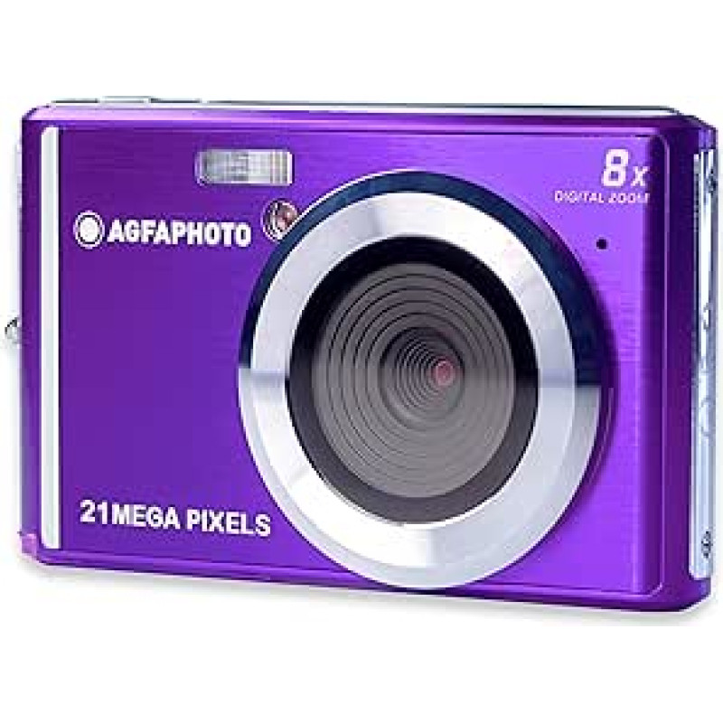 AGFA PHOTO Realishot DC5200 kompaktiškas skaitmeninis fotoaparatas, 21 MP, 2,4 colio LCD ekranas, 8x skaitmeninis priartinimas, HD 720p vaizdo įrašas, ličio baterija, SD kortelės, scenos režimai - violetinės spalvos