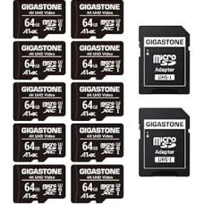 GIGASTONE 64GB MicroSDXC atminties kortelė, 10 vnt. + SD adapteris veiksmo kamerai, 