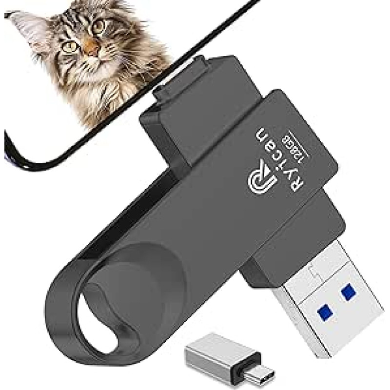 [Be programos] USB atmintinė iPhone, Ryican 128 GB USB atmintinė iPhone 4 in 1 USB C atmintinė USB 3.0 išorinis atminties kaupiklis iOS/išmaniesiems telefonams/Pad/OTG Android/PC/Tablet, juoda