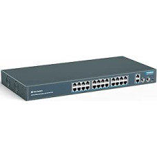 YuanLey 24 prievadų PoE komutatorius su 2 Gigabit Ethernet Uplink, 2 SFP prievadais, 400 W PoE+ prievadas, atitinkantis 802.3af/at, nevaldomas tinklo komutatorius su AI Watchdog, VLAN, išplečiamas iki 250 m, montuojamas į stovą, Plug and Play