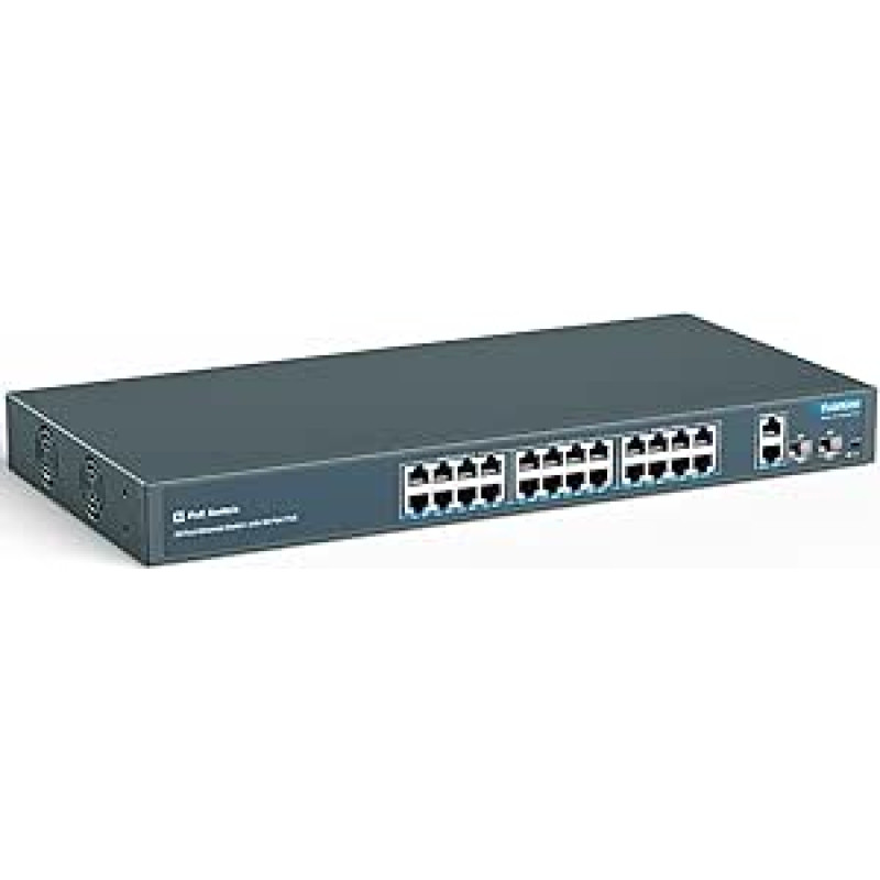 YuanLey 24 prievadų PoE komutatorius su 2 Gigabit Ethernet Uplink, 2 SFP prievadais, 400 W PoE+ prievadas, atitinkantis 802.3af/at, nevaldomas tinklo komutatorius su AI Watchdog, VLAN, išplečiamas iki 250 m, montuojamas į stovą, Plug and Play