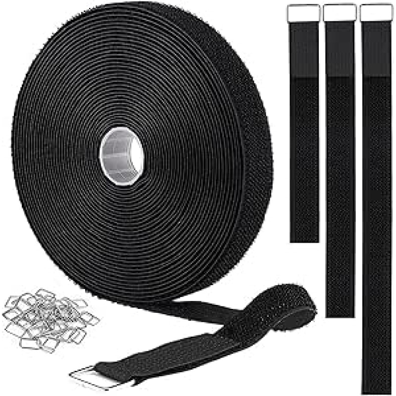 10 m verstellbare Kabelbinder mit 50 Schnallen, Klett-Kabelbinder, schwarz, wiederverwendbare Befestigungskabelbinder für Kabelordnung, Drahtmanagement, Kabel-Organizer