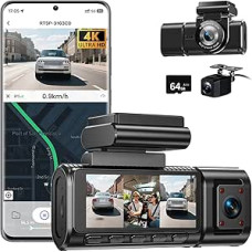 4K Dash Cam Car Front Rear with WiFi, 3 Channel 1080P Dash Cam Car Camera 3.16 Inch IPS Screen, Free 64 GB Card, Night Vision, G Sensor, Loop Recording, 200° Wide Angle WDR, Parking Monitoring