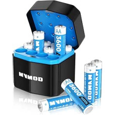 Įkraunamos ličio baterijos AA, 12 vnt., su įkrovikliu, 1,5 V 3600 mWh AA įkraunamos baterijos su integruota greito įkrovimo dėžute (12 vnt.), mėlynos spalvos