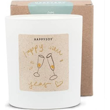 HAPPYSOY Laimingų Naujųjų metų sojų vaško kvapioji žvakė, nuostabus aromatas, daugiau kaip 60 valandų degimo laikas, baltas matinis stiklas, be kenksmingų medžiagų, naujametinė dovana draugei