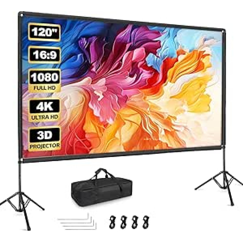 EMART nešiojamasis projektoriaus ekranas 4K HD 16:9 projektoriaus ekranas su stovu 120 colių vidaus lauko projekcijai Lengvas ir kompaktiškas su krepšiu teatrui, namų kinui, stovyklavimui
