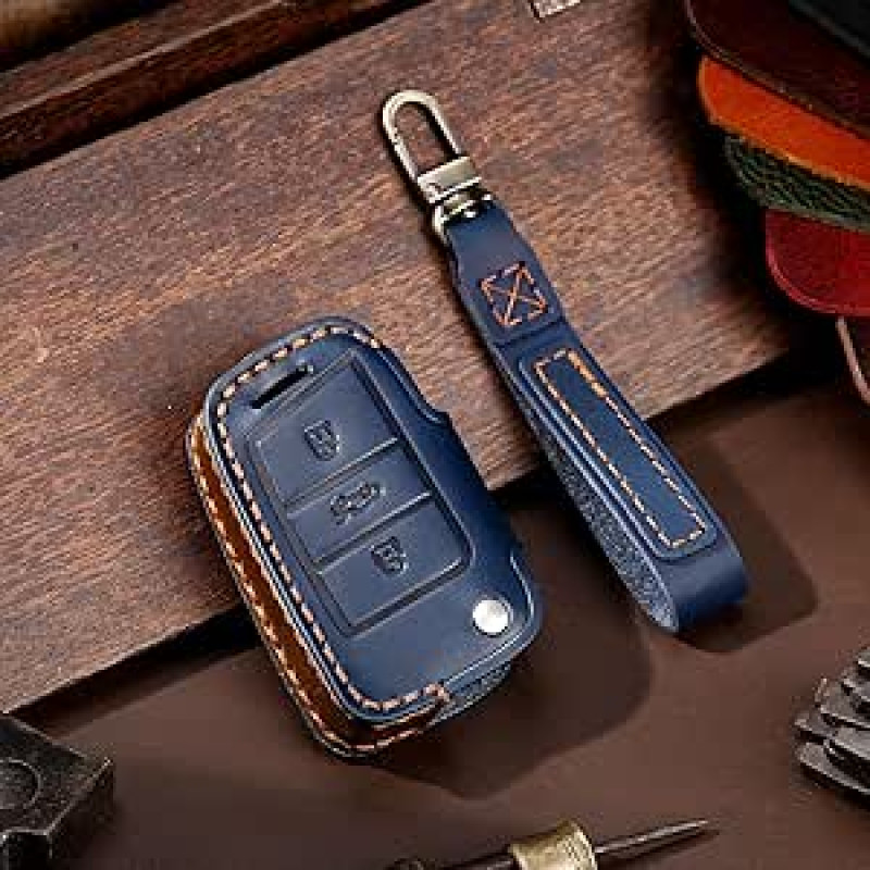 ontto Odinis automobilio raktų dėklas, tinkamas VW Golf 7 MK7 Polo T-ROC Tiguan Touran Skoda Karoq Superb Seat Leon nuotolinio valdymo pultelio dangtelis Raktų dėklas Raktų dėklas Raktų dėklas Raktų apsauga 3 mygtukai Mėlyna B