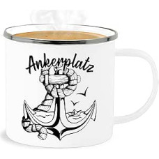Shirtracer Enamel Tin Mug – Statement – Anchor Place with Anchor and Paper Boat – 300 ml – White Silver – Statements Motif