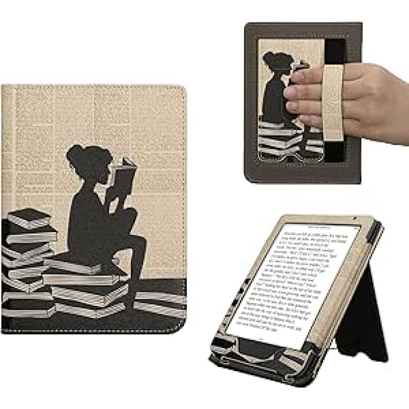 kwmobile Flip Cover Compatible with Kobo Clara BW/Clara Colour/Tolino Shine (5) / Shine Colour - dėklas su dirželiu skaitymo moteriai Juoda, smėlio spalvos