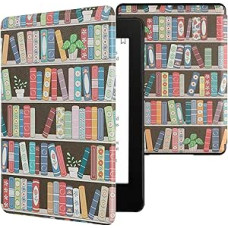 kwmobile Flip Case Compatible with Amazon Kindle Paperwhite 11th Generation 2021 Case - eReader Case - Bookshelf with Plants Blue Green Pink