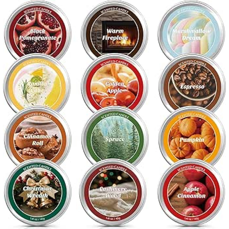 Kvapiosios žvakės Kalėdos, natūralus sojų vaškas, kvapiųjų žvakių dovanų rinkinys, Kalėdos, 12 kvapų kvapiosios žvakės