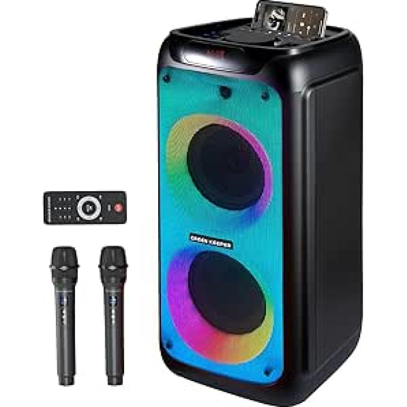 GKD80 karaokės aparatas suaugusiesiems su 2 belaidžiais UHF mikrofonais, 600 W galios 