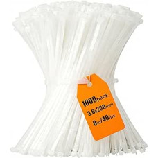 Kabelbinder, 20,3 cm, 1000 Stück, 3,6 x 200 mm, weiß, Zugfestigkeit 18 kg, UV-beständig, Kabelbinder aus Nylon, Kunststoff, selbstsichernd, groß, strapazierfähig, Kabelwicklung für ordentliche Drähte