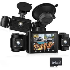 NHOPEEW Front and Side Dash Cam 1080P with Motion Detection and Loop Recording - 3 Channel HD Dash Cam with Wide 360° Viewing Angle, Easy Installation and 64GB TF Card