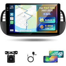 4 GB RAM + 64 GB ROM Car Radio for Fiat 500 2007-2015 Radio with Wireless Carplay/Android Car, 9 Inch Screen Car Stereo with GPS Navi/WiFi/Bluetooth/RDS/FM/USB/SWC/Mirror Link/Canbus + Cam
