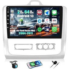 CAMECHO 2+64G 9 Inch Sat Nav Car Radio for Ford Focus Mk2 2004-2011 Android 13 GPS Bluetooth Radio with Wireless Carplay Android Car FM RDS WiFi EQ Mirror Link + Rear View Camera HD Touchscreen