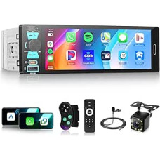 Hodozzy 1 Din Autoradio mit Wireless CarPlay Android Auto, 6,5-Zoll-Touchscreen-Autoradio mit Bluetooth, AM/FM/RDS Radio mit Bildschirm Multimedia MP5 Mirror Link, Typ C/USB/AUX SWC EQ Rückfahrkamera
