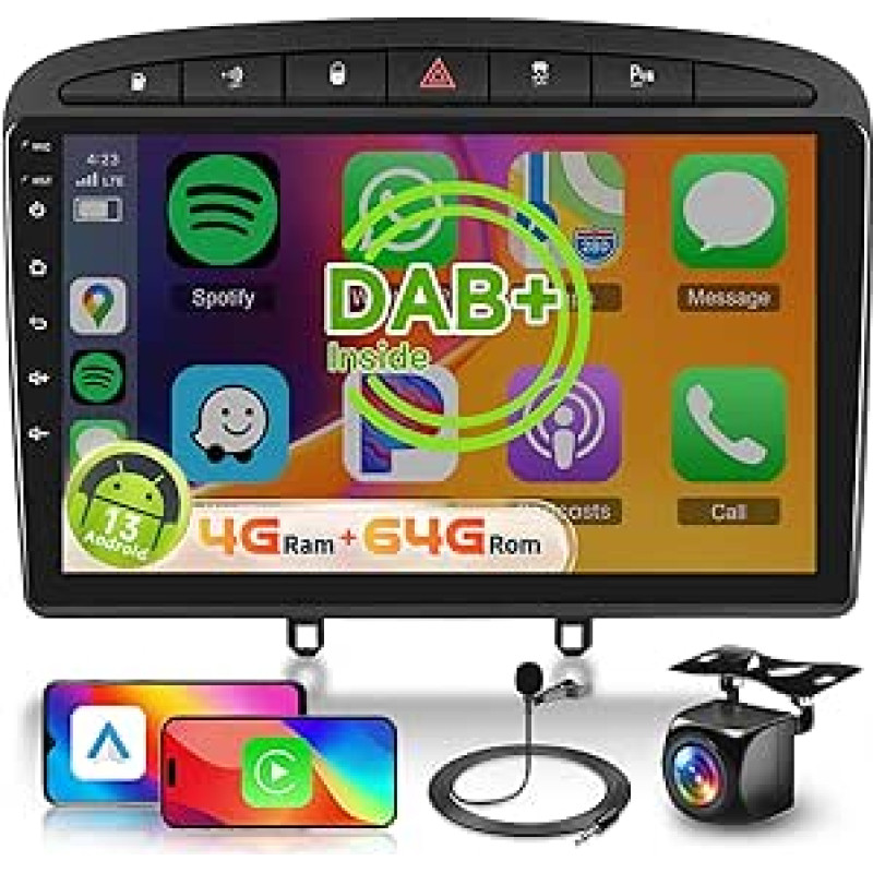 8 branduolių 4 + 64G: Hodozzy Carplay DAB DAB+ automobilinis radijas Peugeot 308/408 2007-2015, 9 colių jutiklinis ekranas, Android automobilinis radijas su Android Car/WiFi/GPS/RDS/FM/Bluetooth/USB + atbulinės eigos kamera