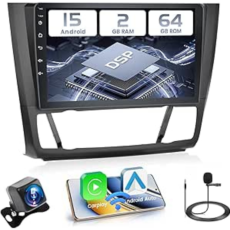 Hikity 2 + 64 GB Android 15 automobilinis radijas BMW serijos 1 E81 E82 E87 E88 radijo imtuvui, 9 colių IPS jutiklinio ekrano radijas su atbulinės eigos kamera, 