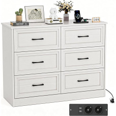 Komoda su kištukiniais lizdais, komoda su 6 stalčiais, 2 USB ir 2 kintamosios srovės lizdais, medinė komodos spintelė miegamajam, svetainei, prieškambariui, 106 x 81,5 x 39 cm, balta