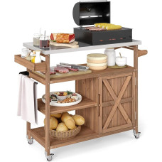 FANTASK Outdoor Barbecue Trolley, Serving Trolley with Stainless Steel Plate, Shelves, Cupboard & Spice Rack on Wheels for BBQ, 130 x 47 x 92 cm (2 Doors-130 x 47 x 92 cm)