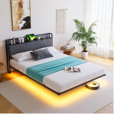 120 x 200 cm plūduriuojantis lovos rėmas su LED lemputėmis ir USB įkrovimo stotele, metalinis platformos lovos rėmas su paminkštintu galvūgaliu ir saugykla, tvirtos metalinės lentjuostės, nekelia triukšmo / tamsiai pilka