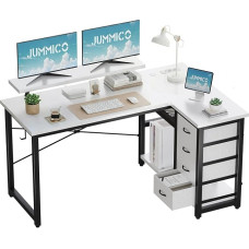JUMMICO L Shape Desk with 4 Fabric Drawers, Reversible Corner Desk with 2 Sockets and 2 USB Ports, Computer Desk L Shape for Home Office Gaming, White, 140 x 80 cm
