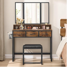 Vasagle RVT004B01 dressing table with 3 piece folding mirror, hairdryer holder, cosmetic table with padded stool, 3 drawers, industrial design, vintage brown / black