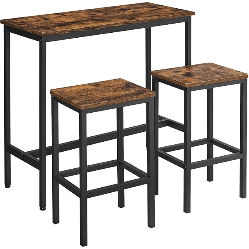 VASAGLE baro stalo ir baro kėdžių rinkinys, valgomojo rinkinys, baro stalas su 2 kėdėmis, plieninis rėmas, pramoninis dizainas, senovinė ruda/juoda spalva LBT218B01