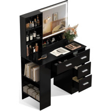 Juodos spalvos tualetinis staliukas su apšvietimu, kosmetinis staliukas su LED veidrodžiu, apšvietimu ir laikymo vieta, didelis 90 cm pločio tualetinis staliukas su 4 stalčiais ir šonine spintele, modernus tualetinis staliukas, makiažo reikmenys