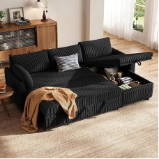 Kampinė sofa su miego funkcija, L formos sofa-lova su virvės užvalkalu, išskleidžiama sofa-lova su laikymo vieta, dvipusis šezlongas (kairėje ir dešinėje), juoda