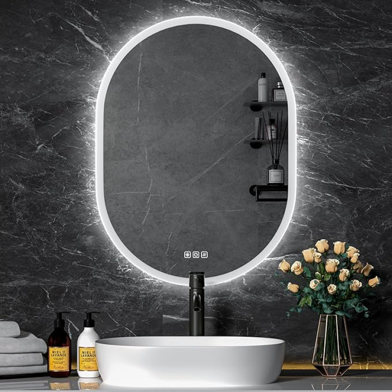 furduzz Ovalus LED vonios veidrodis 50 x 70 cm, apšviečiamas vonios veidrodis su jutikliniu/išjungiamu / 3 spalvų apšvietimu, vonios sieninis veidrodis, horizontalus/vertikalus